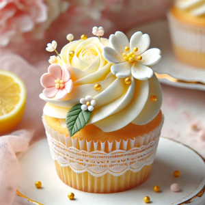 DALL·E 2025-03-03 17.24.24 – A delicate and elegant cupcake with a vanilla and lemon base, topped with whipped cream and decorated with edible flowers and golden sprinkles. The cu Cupcake Primavera