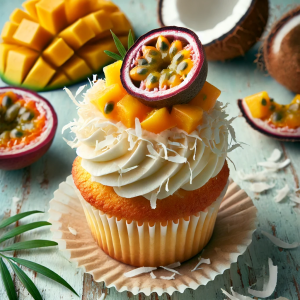DALL·E 2025-03-04 17.50.51 – A tropical cupcake named ‘Cupcake del Paradís’ with a soft vanilla and passion fruit base, filled with creamy coconut and condensed milk. The cupcake – copia (2) Cupcake del Paradís